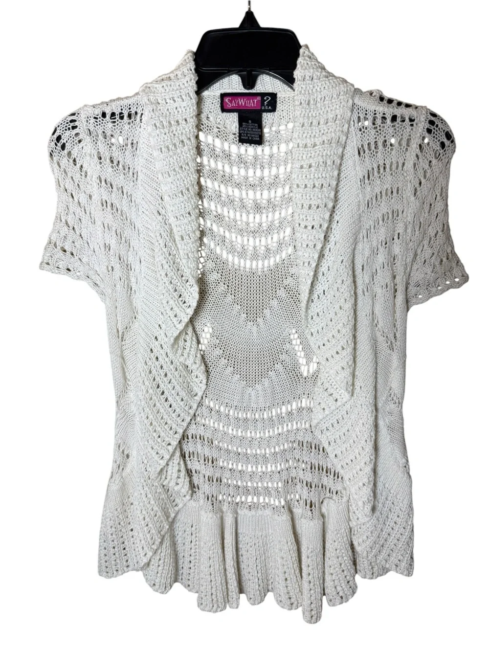 Say What? White Open-Knit Short Sleeve Draped Collar Boho Cardigan Size Small - Picture 1 of 6